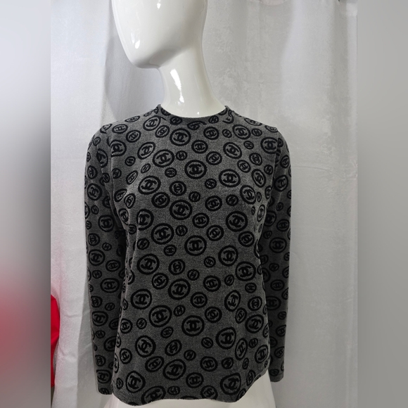 CHANEL Tops - CHANEL Black and Gray Logo Pattern Top